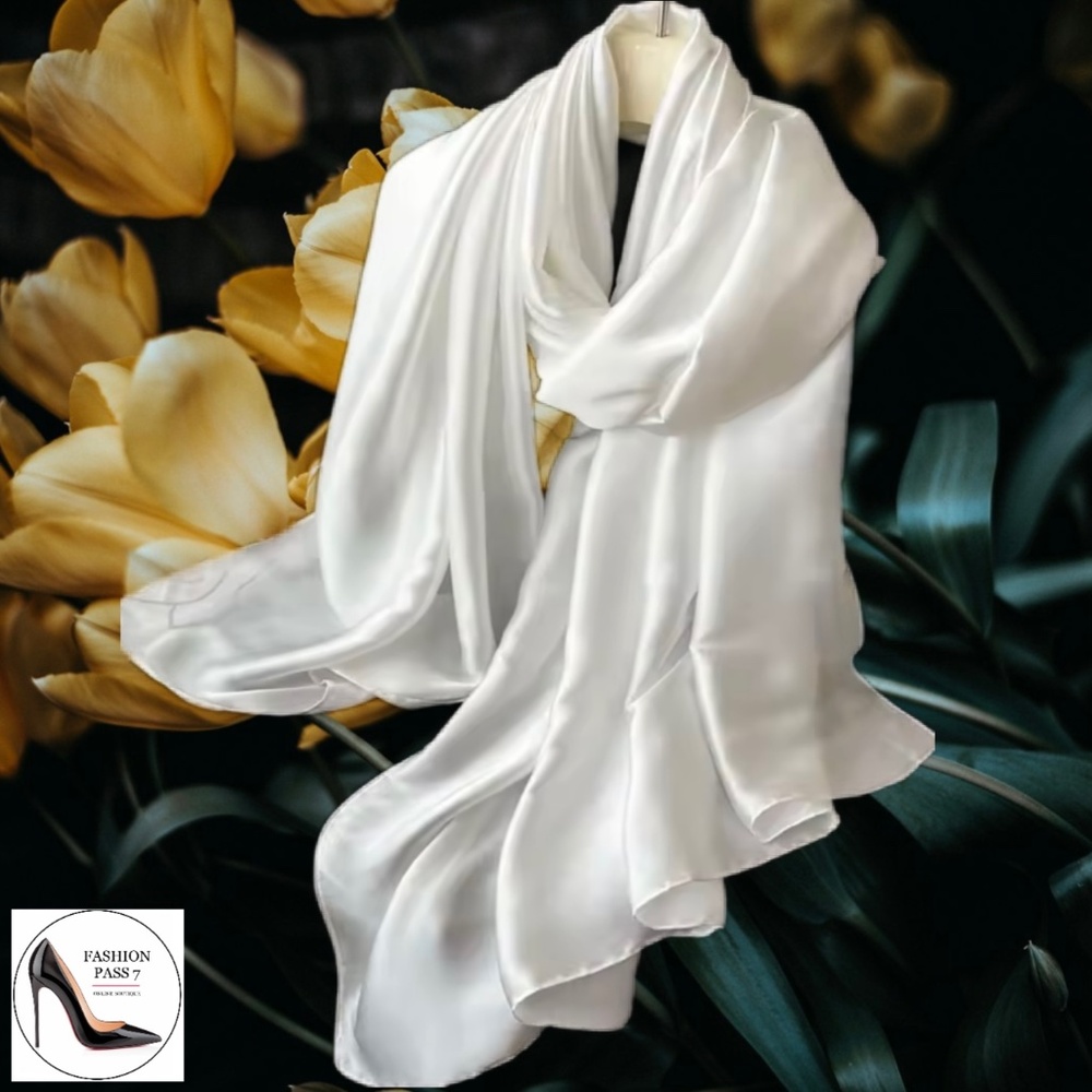 100% SILK SATIN White Large Shawl Scarf Wrap Wedding Bridal Luxury Cover up